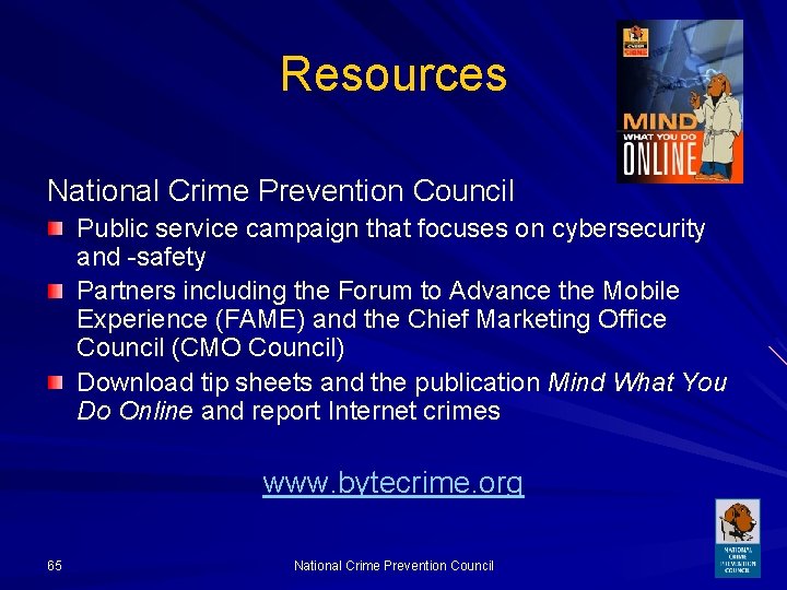Resources National Crime Prevention Council Public service campaign that focuses on cybersecurity and -safety