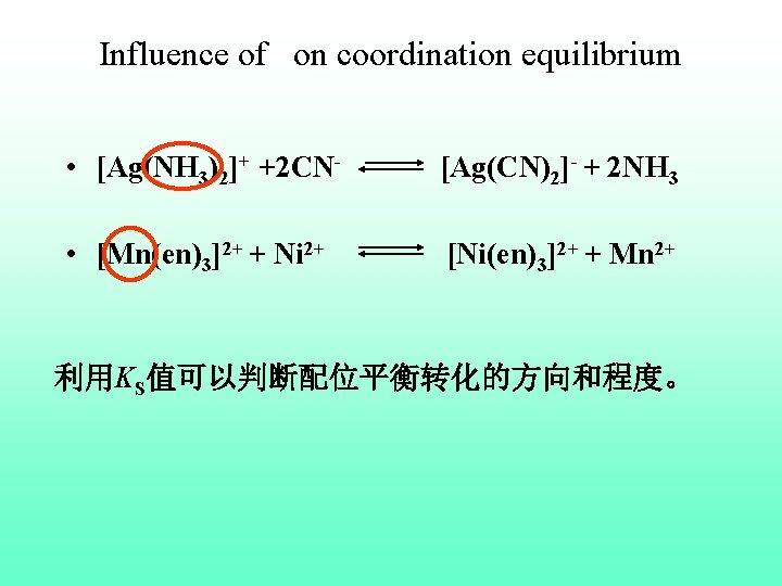 Influence of on coordination equilibrium • [Ag(NH 3)2]+ +2 CN- [Ag(CN)2]- + 2 NH