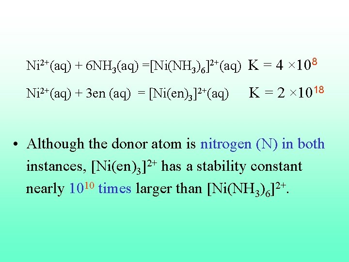  Ni 2+(aq) + 6 NH 3(aq) =[Ni(NH 3)6]2+(aq) K = 4 × 108