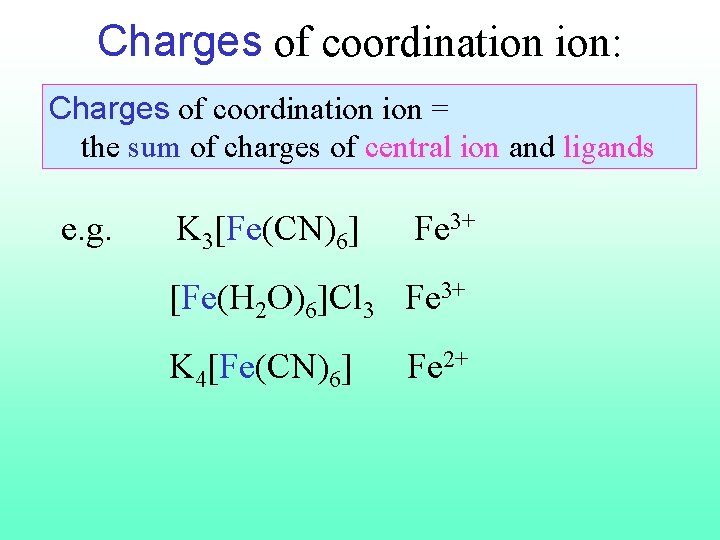 Charges of coordination ion: Charges of coordination = the sum of charges of central