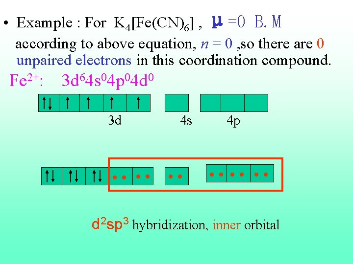  • Example : For K 4[Fe(CN)6] , μ=0 B. M according to above