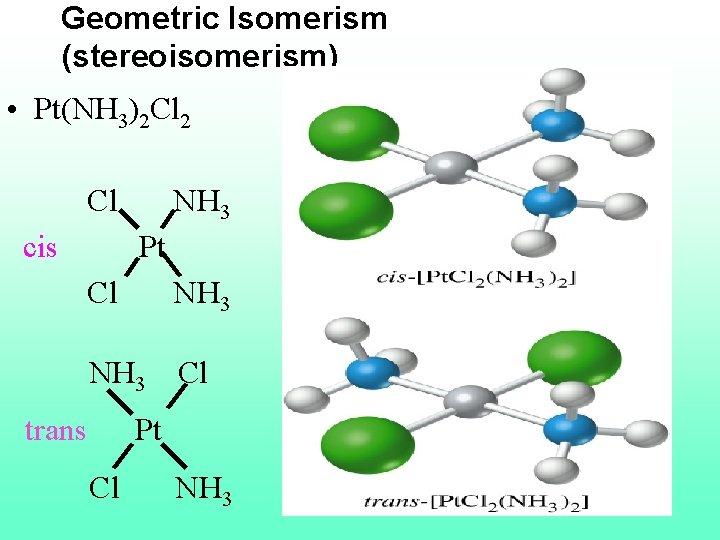 Geometric Isomerism (stereoisomerism) • Pt(NH 3)2 Cl 2 Cl NH 3 cis Pt Cl
