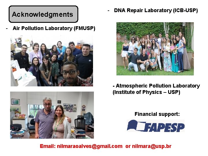 Acknowledgments - DNA Repair Laboratory (ICB-USP) - Air Pollution Laboratory (FMUSP) - Atmospheric Pollution