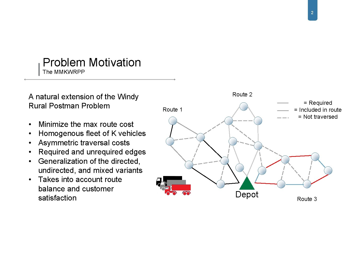 2 Problem Motivation The MMKWRPP A natural extension of the Windy Rural Postman Problem 2 Problem Motivation The MMKWRPP A natural extension of the Windy Rural Postman Problem