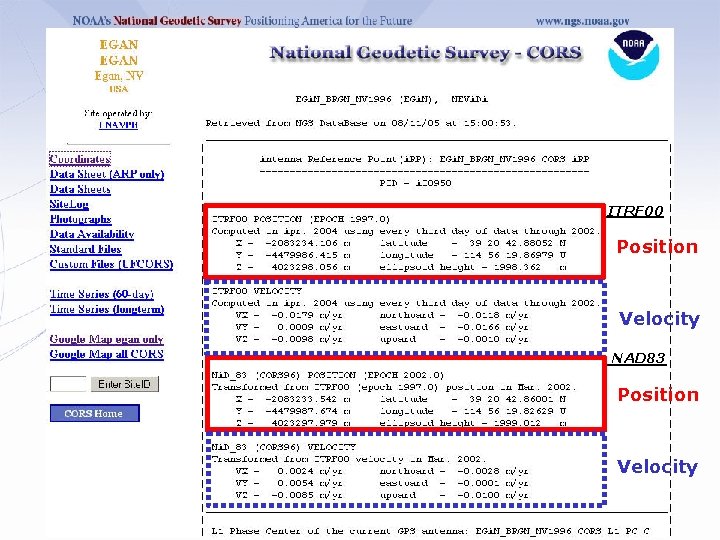 ITRF 00 Position Velocity NAD 83 Position Velocity 