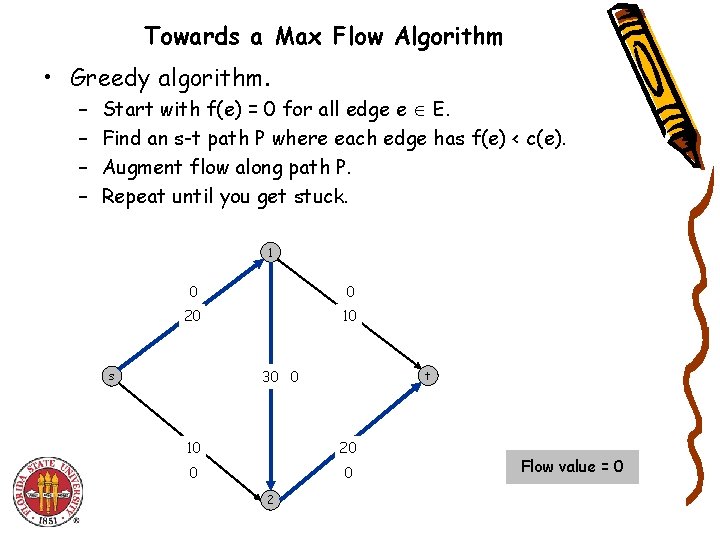 Towards a Max Flow Algorithm • Greedy algorithm. – – Start with f(e) =