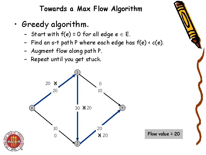 Towards a Max Flow Algorithm • Greedy algorithm. – – Start with f(e) =