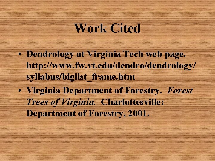 Work Cited • Dendrology at Virginia Tech web page. http: //www. fw. vt. edu/dendrology/