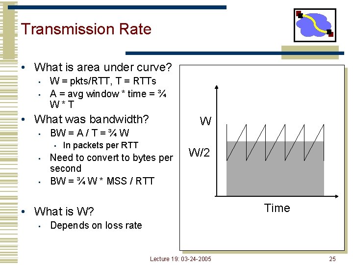 Transmission Rate • What is area under curve? • • W = pkts/RTT, T