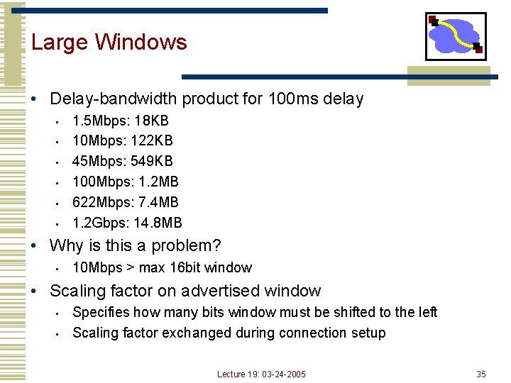 Large Windows • Delay-bandwidth product for 100 ms delay • • • 1. 5