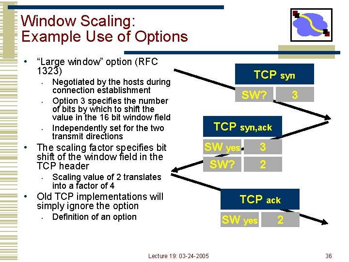Window Scaling: Example Use of Options • “Large window” option (RFC 1323) • •
