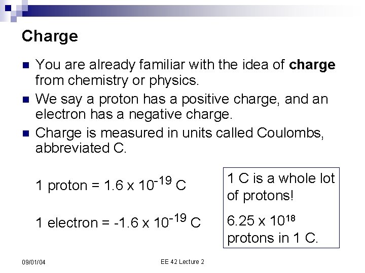 Charge n n n You are already familiar with the idea of charge from