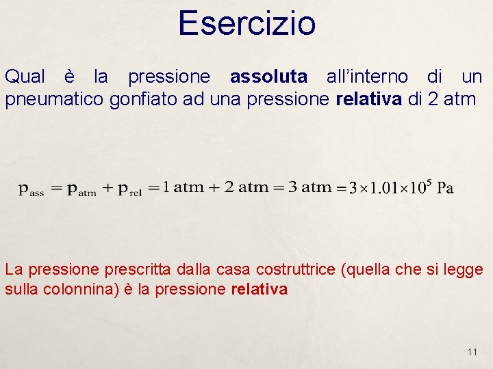 Esercizio Qual è la pressione assoluta all’interno di un pneumatico gonfiato ad una pressione