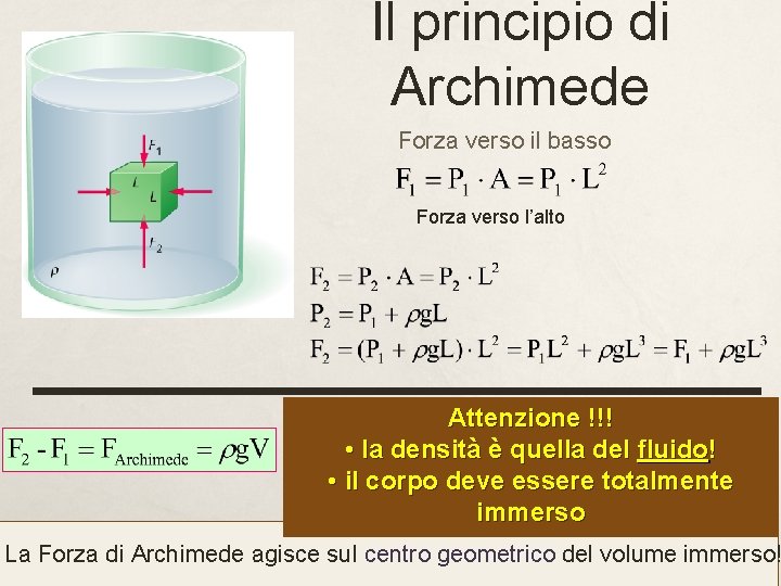 Il principio di Archimede Forza verso il basso Forza verso l’alto Attenzione !!! •