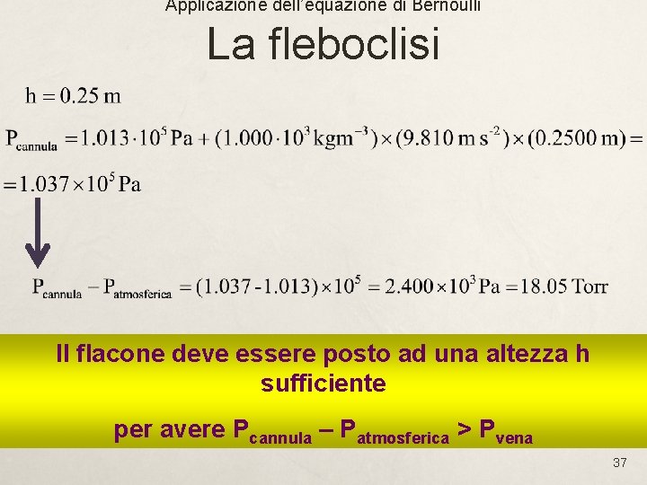 Applicazione dell’equazione di Bernoulli La fleboclisi Il flacone deve essere posto ad una altezza