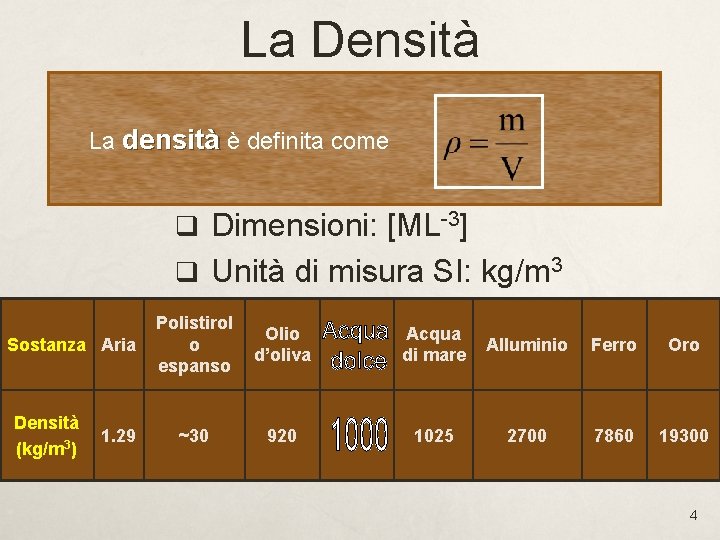 La Densità La densità è definita come q Dimensioni: [ML-3] q Unità di misura