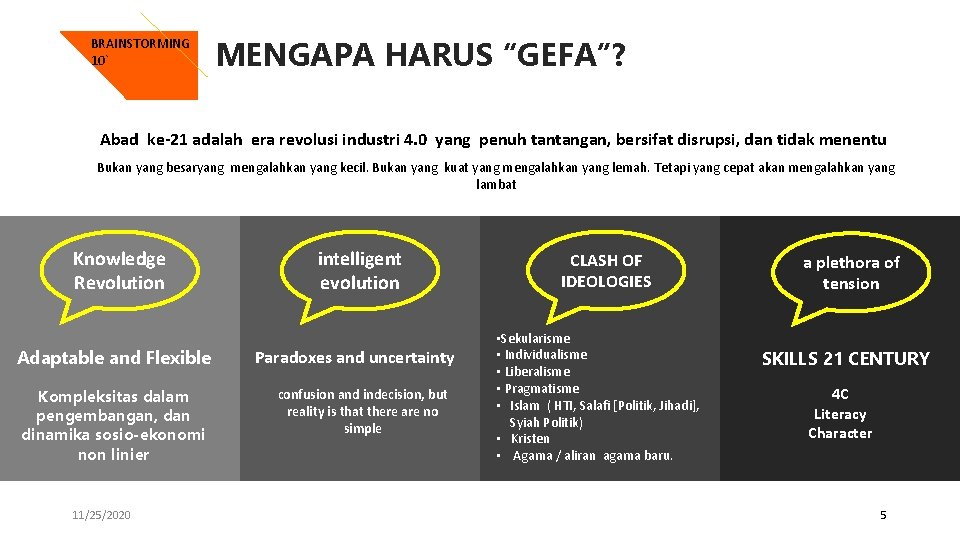 BRAINSTORMING 10` MENGAPA HARUS “GEFA”? Abad ke-21 adalah era revolusi industri 4. 0 yang