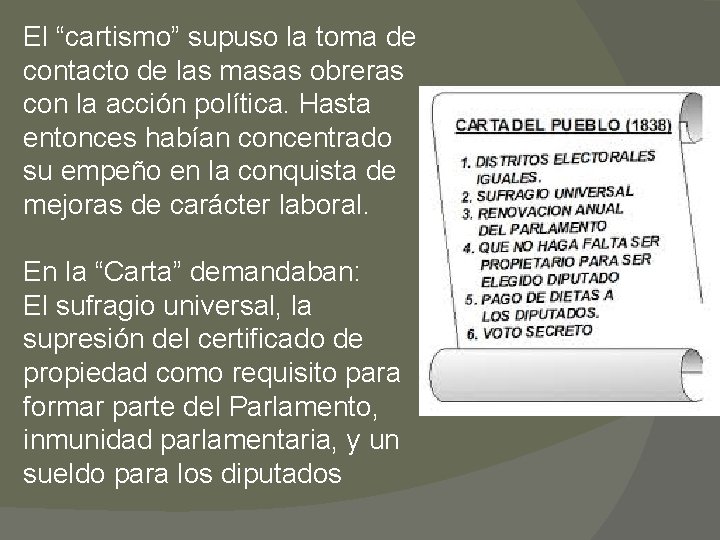 El “cartismo” supuso la toma de contacto de las masas obreras con la acción