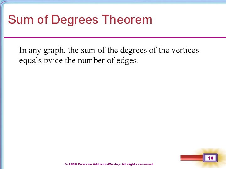 Sum of Degrees Theorem In any graph, the sum of the degrees of the