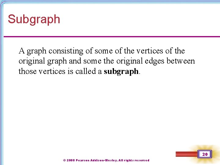 Subgraph A graph consisting of some of the vertices of the original graph and