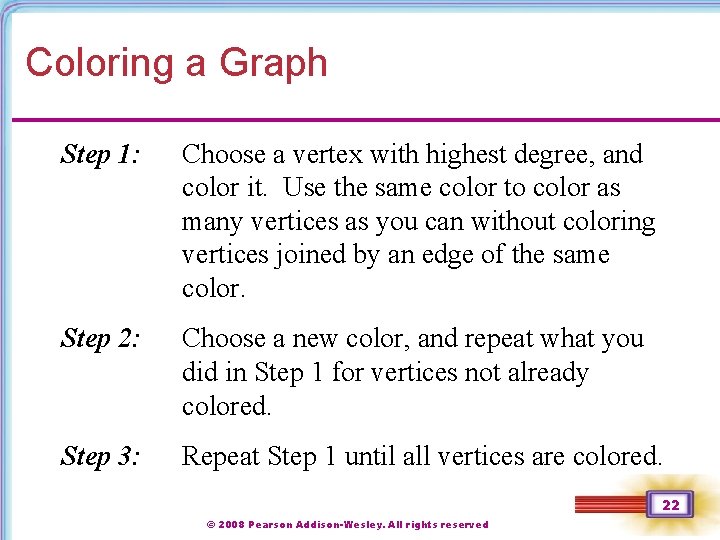 Coloring a Graph Step 1: Choose a vertex with highest degree, and color it.