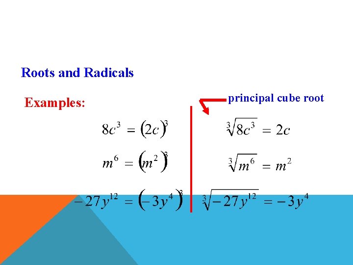 Roots and Radicals Examples: principal cube root 
