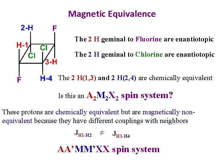 Magnetic Equivalence The 2 H geminal to Fluorine are enantiotopic The 2 H geminal