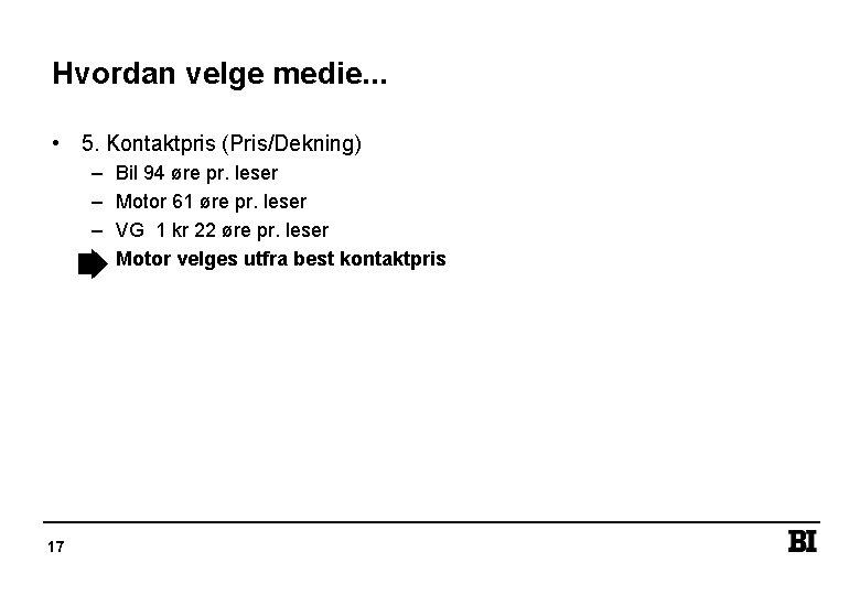 Hvordan velge medie. . . • 5. Kontaktpris (Pris/Dekning) – – 17 Bil 94