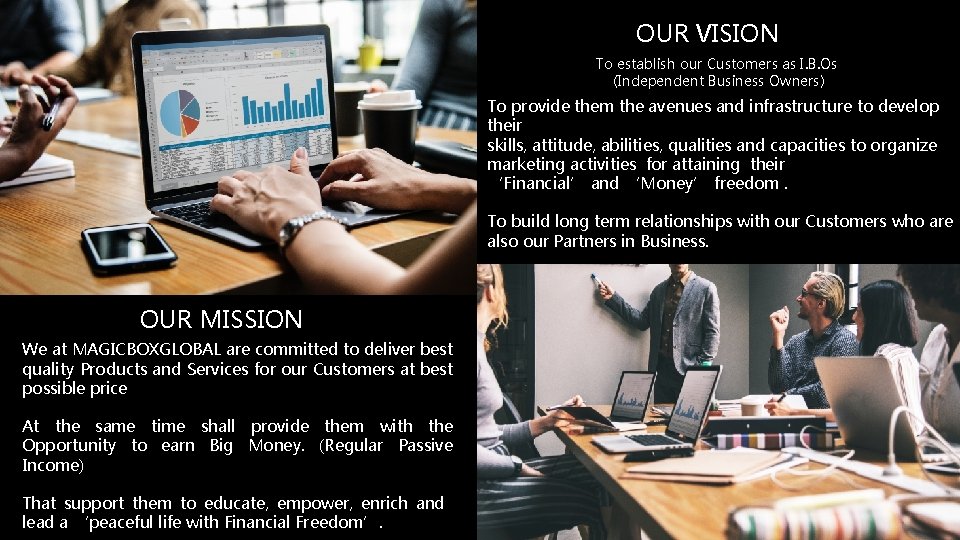 OUR VISION To establish our Customers as I. B. Os (Independent Business Owners) To
