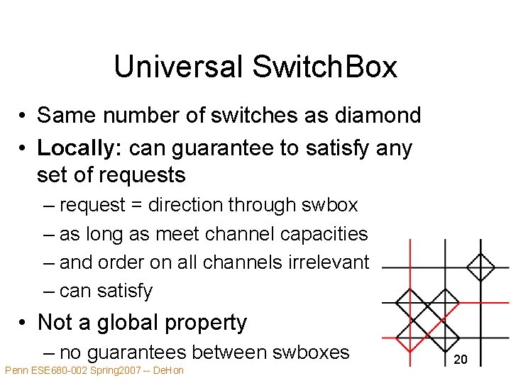 Universal Switch. Box • Same number of switches as diamond • Locally: can guarantee