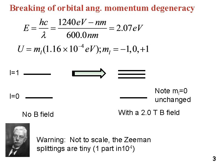 Breaking of orbital ang. momentum degeneracy l=1 Note ml=0 unchanged l=0 No B field Breaking of orbital ang. momentum degeneracy l=1 Note ml=0 unchanged l=0 No B field