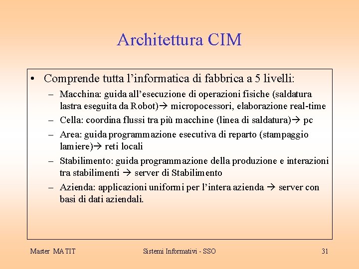Architettura CIM • Comprende tutta l’informatica di fabbrica a 5 livelli: – Macchina: guida