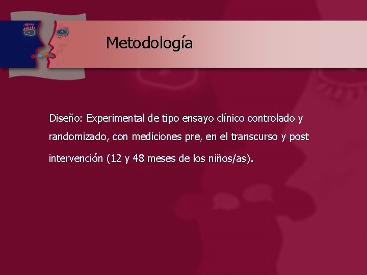 Metodología Diseño: Experimental de tipo ensayo clínico controlado y randomizado, con mediciones pre, en