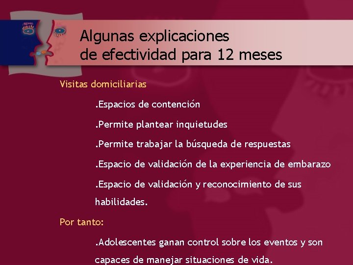 Algunas explicaciones de efectividad para 12 meses Visitas domiciliarias. Espacios de contención. Permite plantear