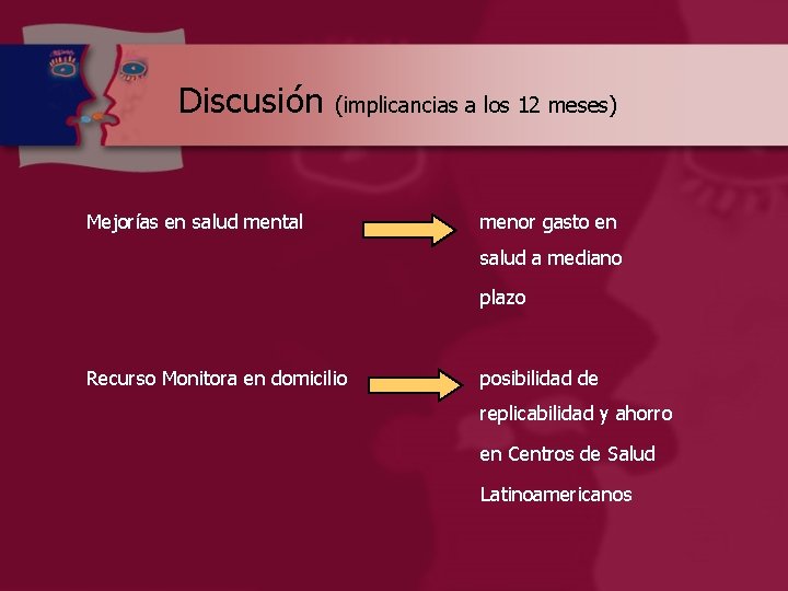 Discusión (implicancias a los 12 meses) Mejorías en salud mental menor gasto en salud