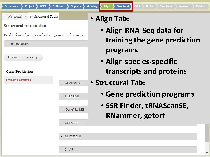  • Align Tab: • Align RNA-Seq data for training the gene prediction programs