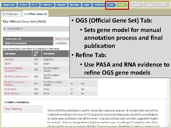  • OGS (Official Gene Set) Tab: • Sets gene model for manual annotation