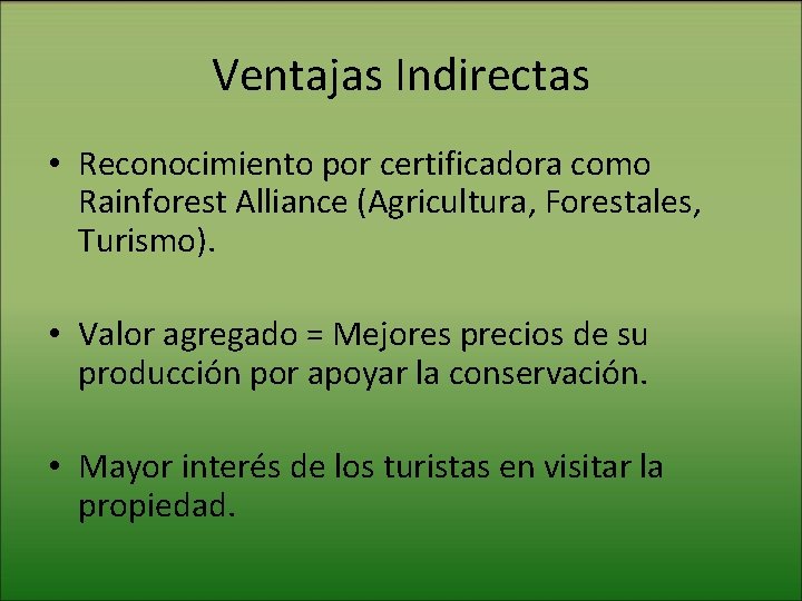 Ventajas Indirectas • Reconocimiento por certificadora como Rainforest Alliance (Agricultura, Forestales, Turismo). • Valor