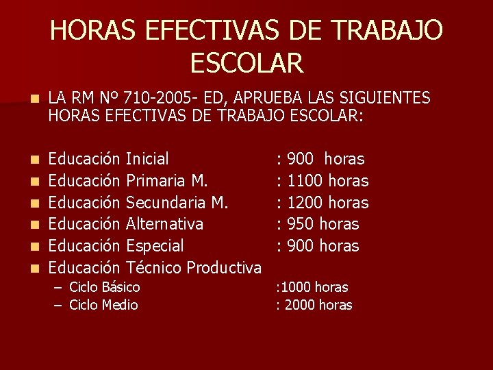 HORAS EFECTIVAS DE TRABAJO ESCOLAR n LA RM Nº 710 -2005 - ED, APRUEBA