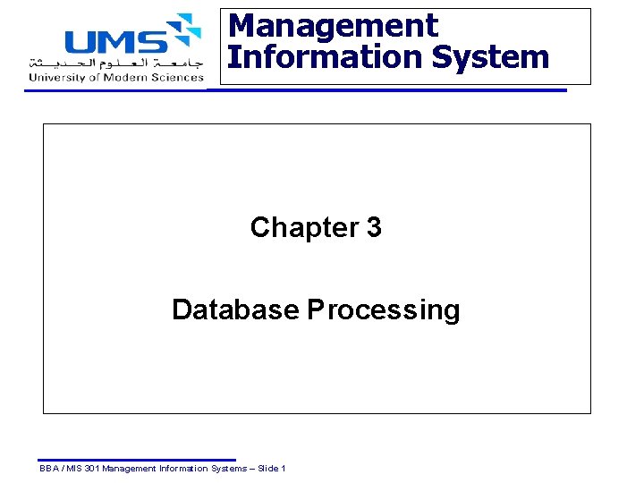 Management Information System Chapter 3 Database Processing BBA / MIS 301 Management Information Systems