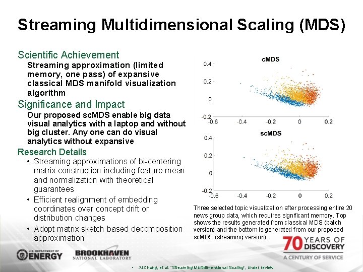 Streaming Multidimensional Scaling (MDS) Scientific Achievement Streaming approximation (limited memory, one pass) of expansive