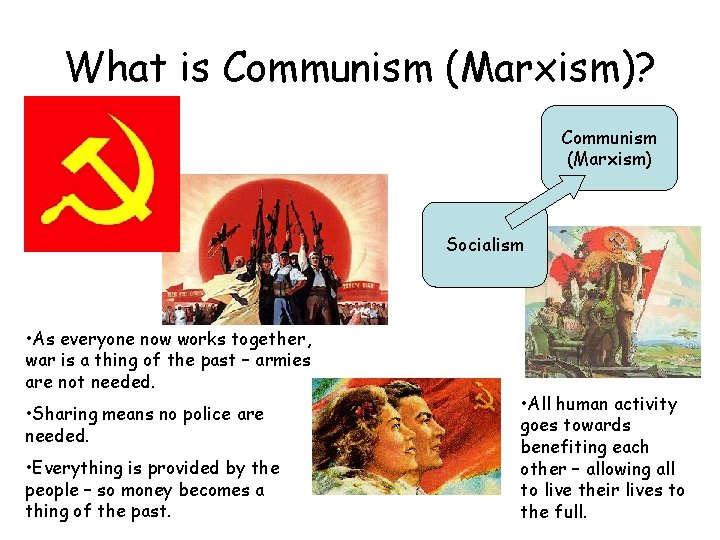 What is Communism (Marxism)? Communism (Marxism) Socialism • As everyone now works together, war