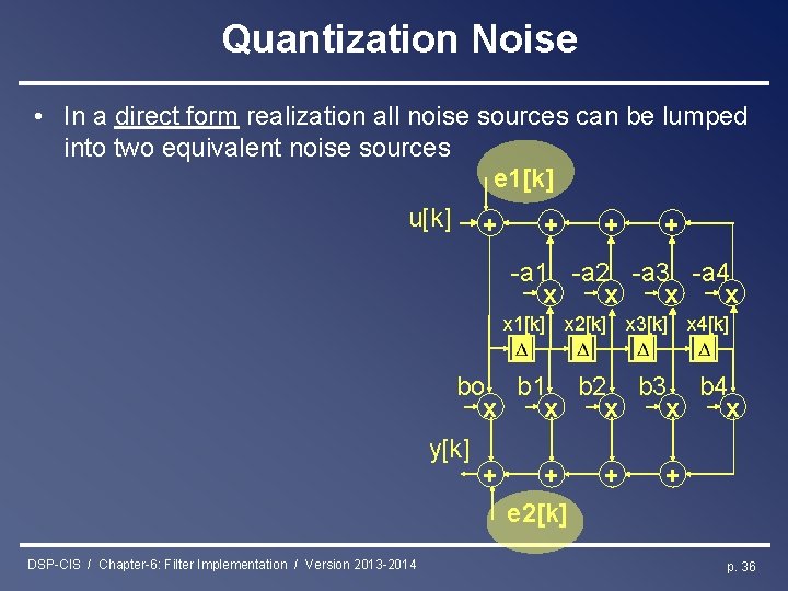 Quantization Noise • In a direct form realization all noise sources can be lumped