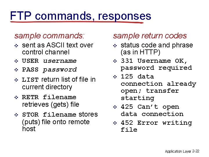 FTP commands, responses sample commands: v v v sent as ASCII text over control