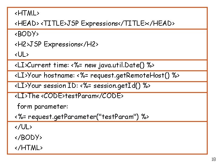 <HTML> <HEAD> <TITLE>JSP Expressions</TITLE></HEAD> <BODY> <H 2>JSP Expressions</H 2> <UL> <LI>Current time: <%= new