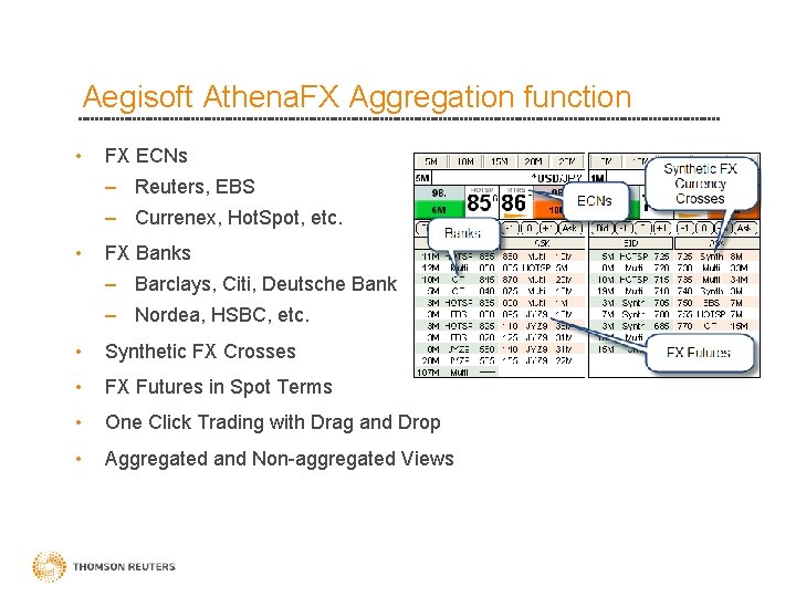 Aegisoft Athena. FX Aggregation function • FX ECNs – Reuters, EBS – Currenex, Hot.