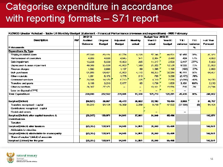 Categorise expenditure in accordance with reporting formats – S 71 report 14 
