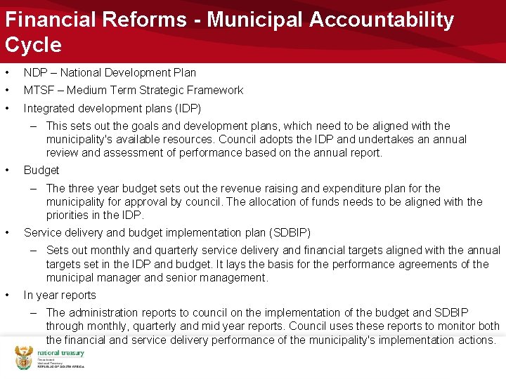 Financial Reforms - Municipal Accountability Cycle • NDP – National Development Plan • MTSF