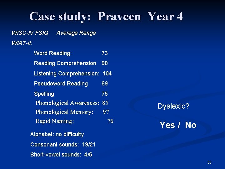 Case study: Praveen Year 4 WISC-IV FSIQ Average Range WIAT-II: Word Reading: 73 Reading