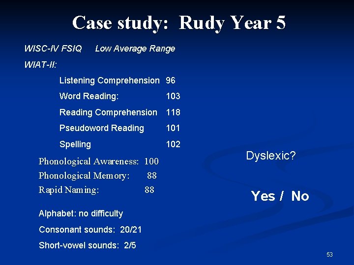 Case study: Rudy Year 5 WISC-IV FSIQ Low Average Range WIAT-II: Listening Comprehension 96